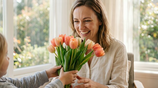 Woman receiving bouquet of tulips from child in bright indoor setting, sunlight streaming through large windows, creating a warm atmosphere for Mother's Day celebration