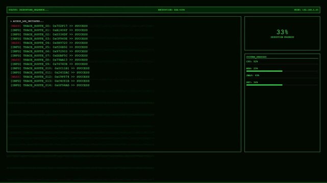 Cybersecurity hacking terminal interface with green text decryption progress and system data logs.