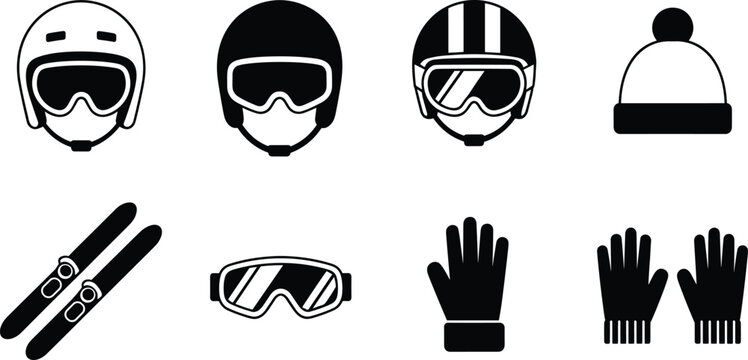 Winter sports equipment icons set with ski helmets goggles gloves skis and hat, skiing gear collection, cad drawing flat vector illustration