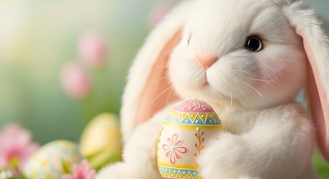 Cute Rabbit Holding Colorful Easter Eggs against a Minimalist Background