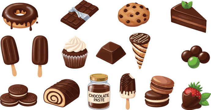 Chocolate sweets collection with donuts cookies cakes ice cream and candy delicious dessert vector illustration set