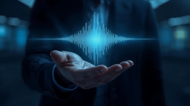 A human hand gently cradles a striking, glowing blue sound wave visualization, representing audio technology, communication, or data signals.