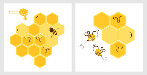 Cute honeycomb and bee illustration set with dripping honey for packaging, label, sticker, banner and organic product branding design.