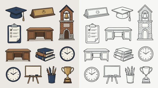 Collection of school and education-related items in both colored and outline vector illustrations, including a graduation cap, bell tower, desks, books, and a trophy.