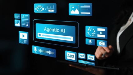 Fototapeta premium Modern Digital Interface Featuring Agent AI Concepts, Various Media Icons, and User Interaction Elements on a Dark Background for Technology Themes Gluon.