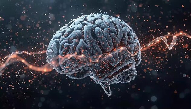 Abstract digital brain cortex composed of millions of microscopic particles arranged in layered neural structures, waves of glowing energy passing through the particle neurons like brain signals