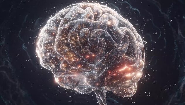 Abstract digital brain cortex composed of millions of microscopic particles arranged in layered neural structures, waves of glowing energy passing through the particle neurons like brain signals