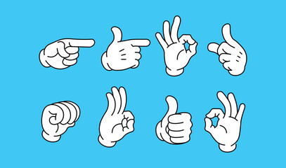 Fototapeta premium Cartoon White Glove Hand Gestures Set Featuring OK Sign, Thumbs Up, Pointing, and Fist Icons Isolated on Bright Blue Background