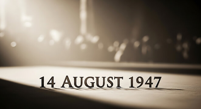 A historic date of 14 August 1947 on a transparent background with a blurred background and sunlight