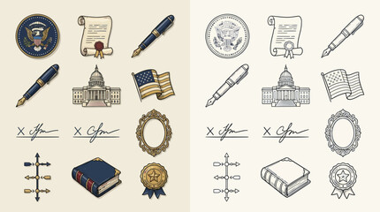 Collection of American government and historical symbols, including the presidential seal, capitol building, and documents. © renender