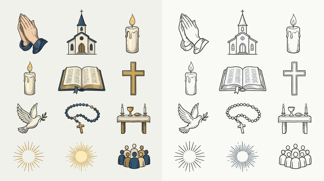 A collection of religious symbols and icons, including praying hands, churches, candles, Bibles, crosses, doves, rosaries, altars, sunbursts, and groups of people.