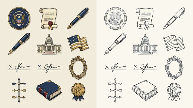 Collection of American government and historical symbols, including the presidential seal, capitol building, and documents.