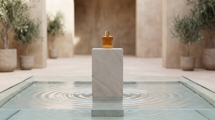 Obraz premium Elegant Amber Fragrance Bottle Displayed on a Pedestal in a Serene Courtyard with Water Features