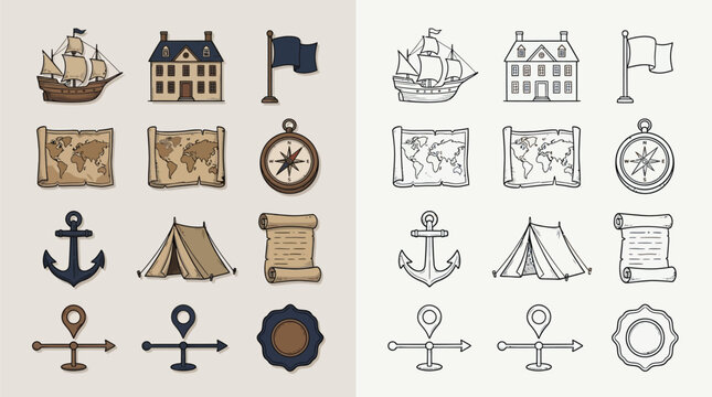 Collection of vintage-style icons representing travel and exploration, including ships, maps, compasses, and anchors.