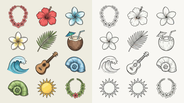 A collection of colorful and black and white illustrations of Hawaiian-themed elements, including leis, flowers, palm leaves, coconuts, ukuleles, waves, shells, and suns.