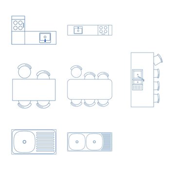 Technical architectural drawing showing a set of 2D CAD blocks for interior design, featuring kitchen counters with sinks and stoves, dining tables with chairs, and various sink layouts in blue line a