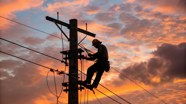 Electrician working on power lines during a vibrant sunset