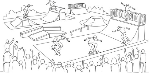 Fototapeta premium skateboard park illustration with crowd and skateboarders