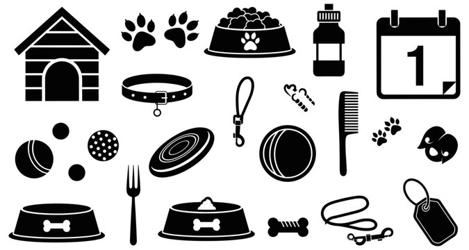 Black silhouette dog care icons featuring pet accessories, paw prints, toys, grooming tools, and essentials for pet services and education