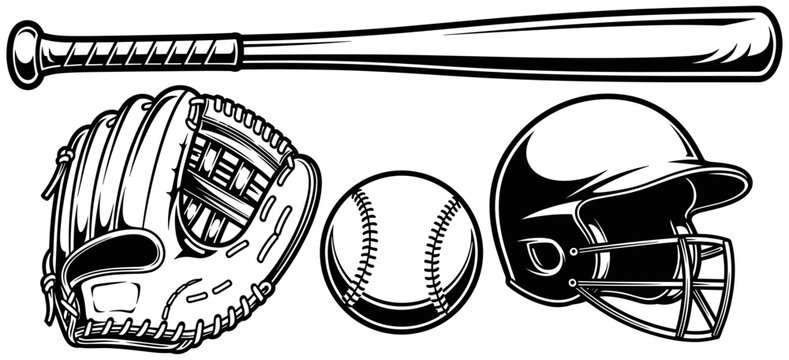 Silhouette illustration of baseball glove, ball, helmet, and bat, essential sports gear, athletic equipment, training, competition, recreation theme