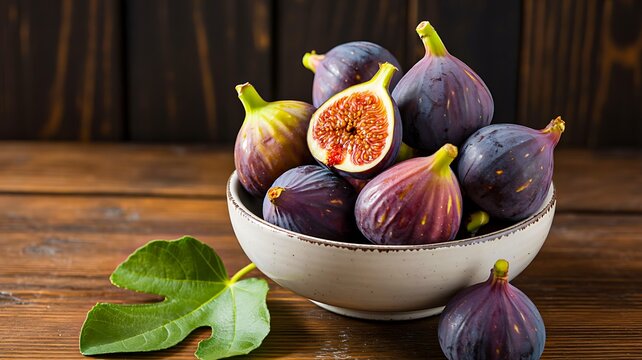 Fresh ripe figs in bowl on wooden table with natural light rustic setting