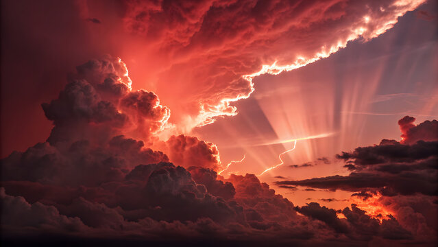 Red thunder clouds with dramatic lightning during a storm