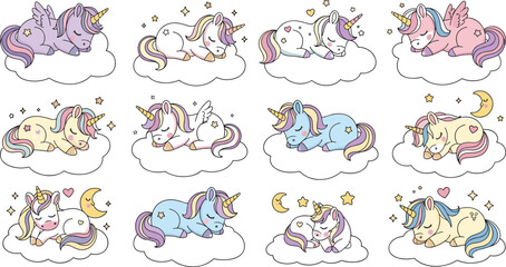 Obraz premium Sleeping Unicorn Set with Cute Baby Fantasy Characters on Clouds Dreamy Magical Animals Illustration for Kids Nursery Design