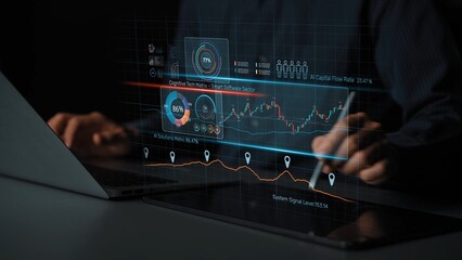 High-tech data visualization dashboard for analytics and performance tracking, including data...