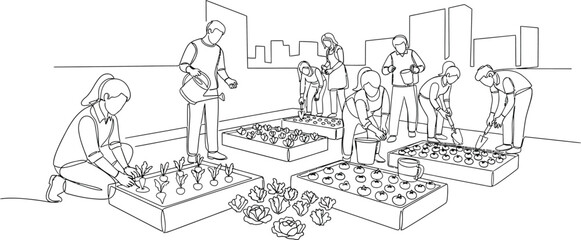 Naklejka premium people planting flowers in garden boxes