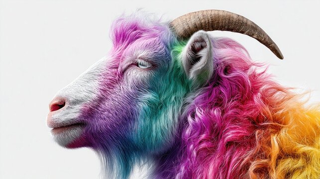 Close-up profile of a goat with vibrant rainbow-colored fur and a single horn