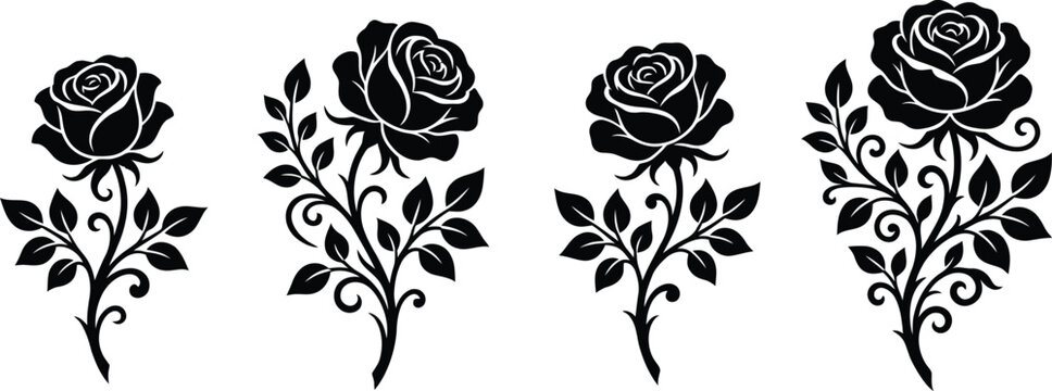 Four black rose silhouettes with leaves and stems, floral designs, decorative elements, elegant and simple illustrations, black and white graphics, minimalist flower icons