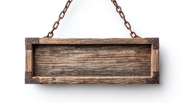 Rustic wooden sign hanging by rusty chains against a clean white background
