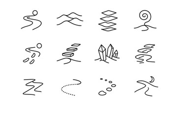 Obraz premium Surreal Desert Icons. Surreal desert pathways. Line outline icon set of surreal desert pathways: winding light