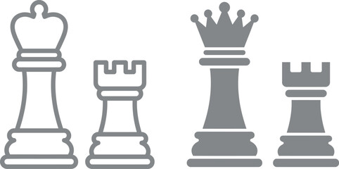 Four distinct chess pieces on a plain background, showcasing king, queen, rook, and rook © LoveU
