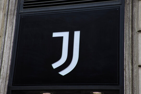 Juventus Turin logo at a fan shop in Rome, Italy.