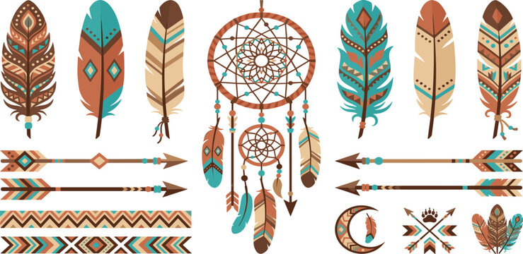 Bohemian tribal dream catcher and feather graphic elements set with patterned arrows and cultural motifs for artistic and free-spirited design projects
