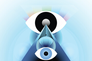A modern flat vector illustration featuring a stylized all-seeing eye, a pyramid, and spheres on a light blue gradient background.