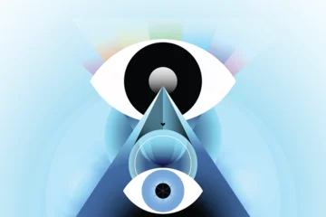 Tableau sur plexiglas Art abstrait A modern flat vector illustration featuring a stylized all-seeing eye, a pyramid, and spheres on a light blue gradient background.  ©  danjazzia