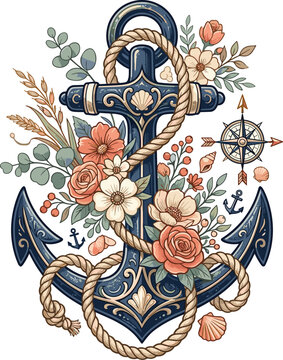 Nautical Anchor Adorned with Flowers and Seashells, Evoking Maritime Charm and Coastal Serenity