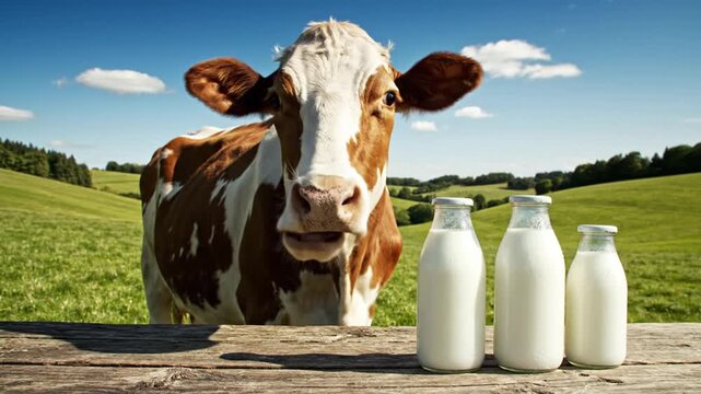 A curious brown and white cow peeking over a rustic wooden table with three glass bottles filled with fresh white milk in a farmhouse setting with warm, soft lighting.
