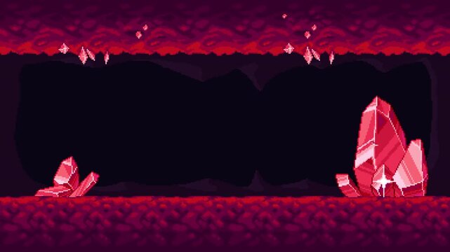Retro 8 bit pixel cave level with crystals. Light sparkles appear on crystal facets across the scene in seamless looping animation of underground game environment.