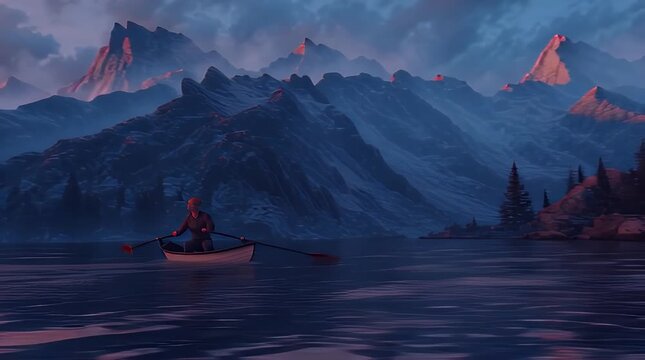 Serene alpine lake at sunset with misty mountains and a small boat