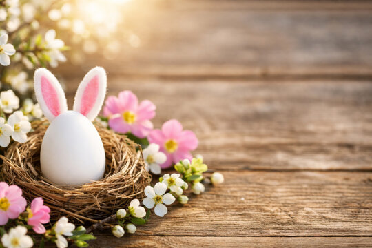 Easter holiday background featuring bunny egg in nest, spring garden flowers and coty space.