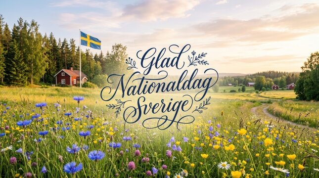 Swedish calligraphy in the center reading &ldquo;Glad Nationaldag Sverige&rdquo; in flowing ink style, delicate flourishes and swashes, airy composition, pastel sky, cinematic lighting.