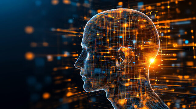 Digital human head, glowing grid, technology, artificial intelligence, futuristic, innovation