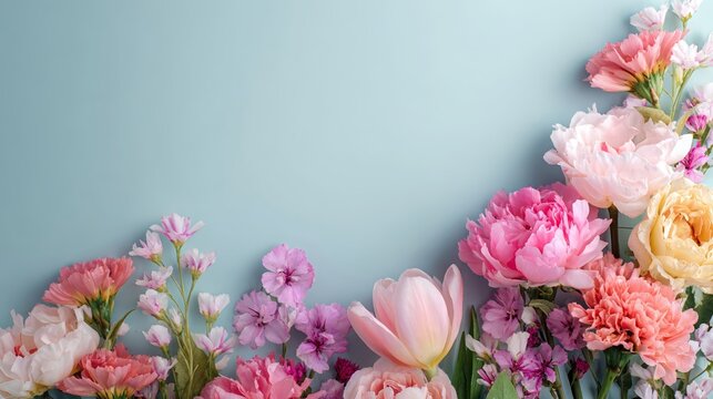 Colorful floral arrangement with peonies, tulips, and carnations on blue background