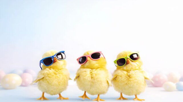 three cute chicks wearing sunglasses on clean white background with copy space, playful animal scene, minimal style, easter concept.