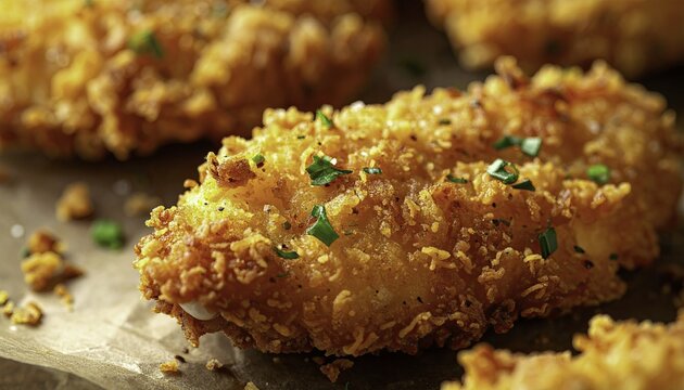 Crispy fried chicken cutlet with golden breading and fresh parsley garnish presented on textured paper surface for a homestyle look
