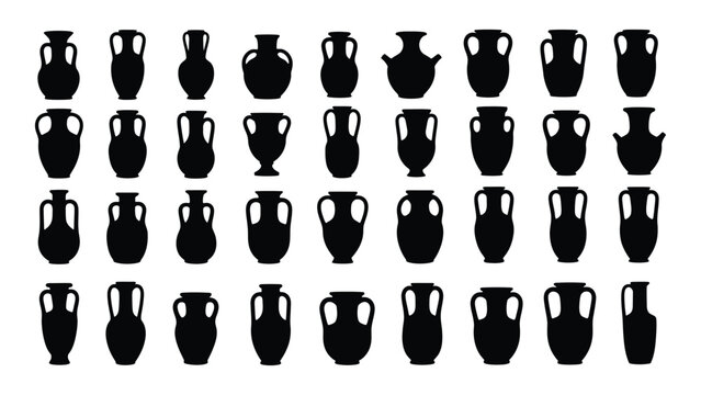 Collection of 36 black silhouettes of ancient greek amphorae