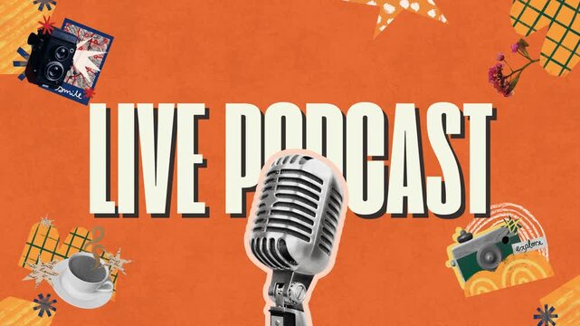 Live podcast motion graphic with vintage microphone and collage elements on orange textured background